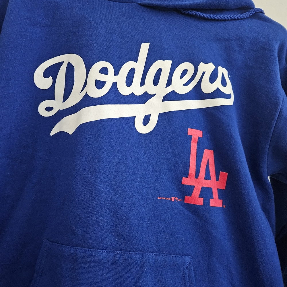 Hanes Blue Dodgers Pullover Sweatshirt with White Script and Red LA Logo Hoodie